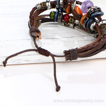 Retro Genuine Leather Bracelet Weaved Beads Handmade Bangle